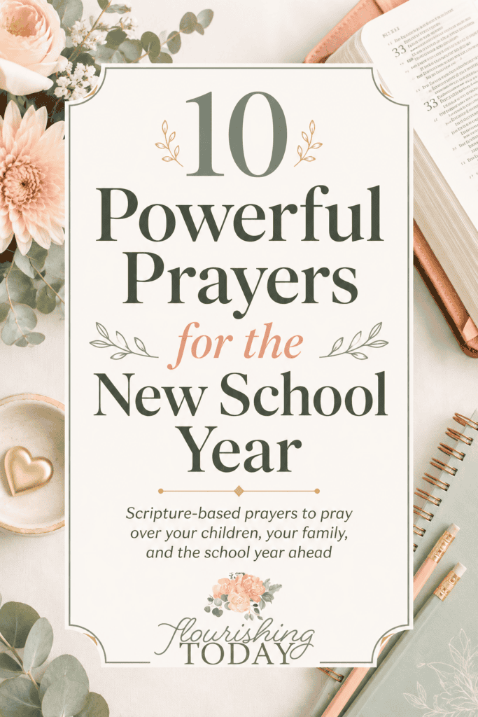 Pinterest graphic titled “10 Powerful Prayers for the New School Year,” featuring a Bible, school supplies, soft florals, and Flourishing Today branding.