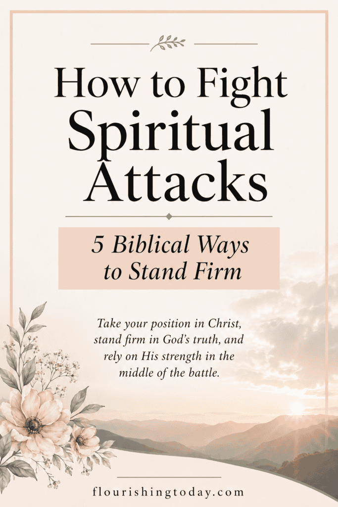 Pinterest graphic reading “How to Fight Spiritual Attacks: 5 Biblical Ways to Stand Firm,” with soft peach flowers, sage green accents, and a peaceful sunrise over mountains.