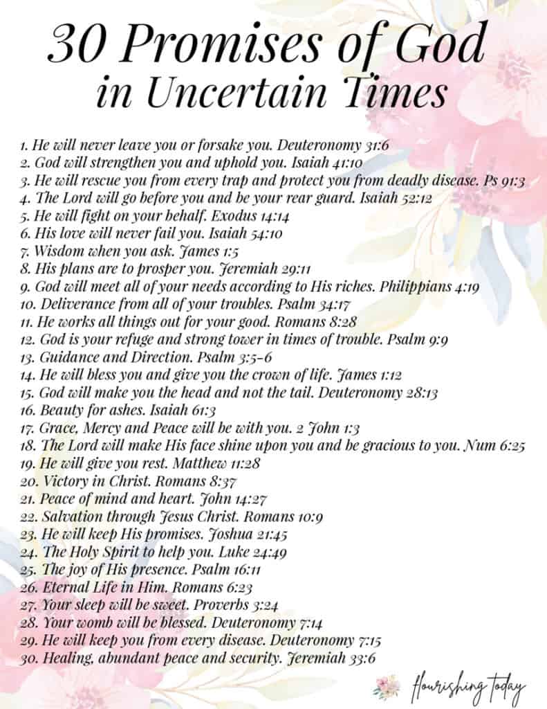 Are you looking for encouraging Bible verses for tough times? During these difficult seasons there is nothing more powerful than to declare God's Promises. Here you'll find 30 verses on God's Promises in the Bible to speak over you and your family. #godspromises #promisesofGod #bibleverses #nofear #scripture #bible